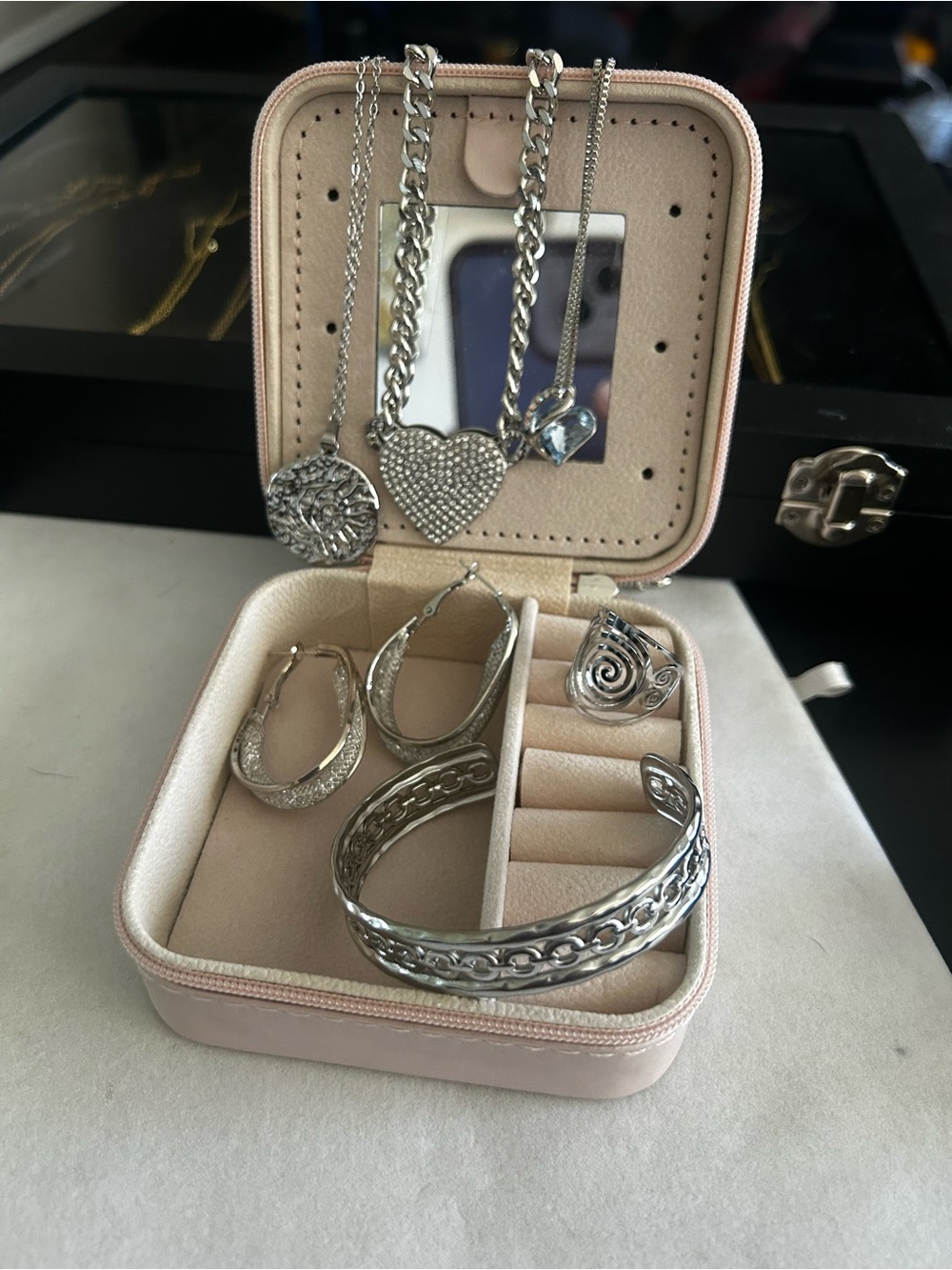 Silver Heart & Textured Pendant Necklace Set with Hoop Earrings